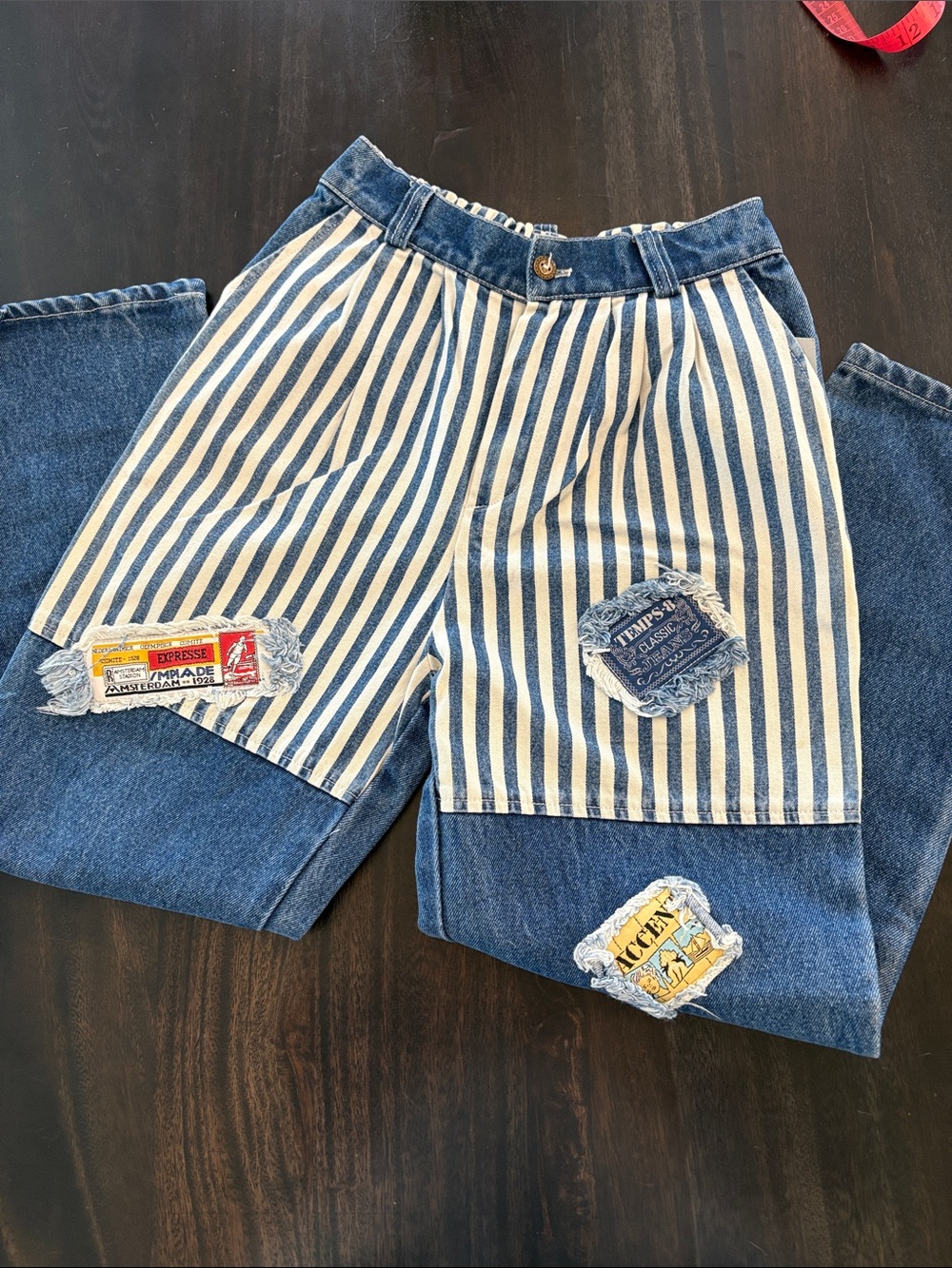 Vintage Striped Denim Patchwork Jeans - Blue & Cream